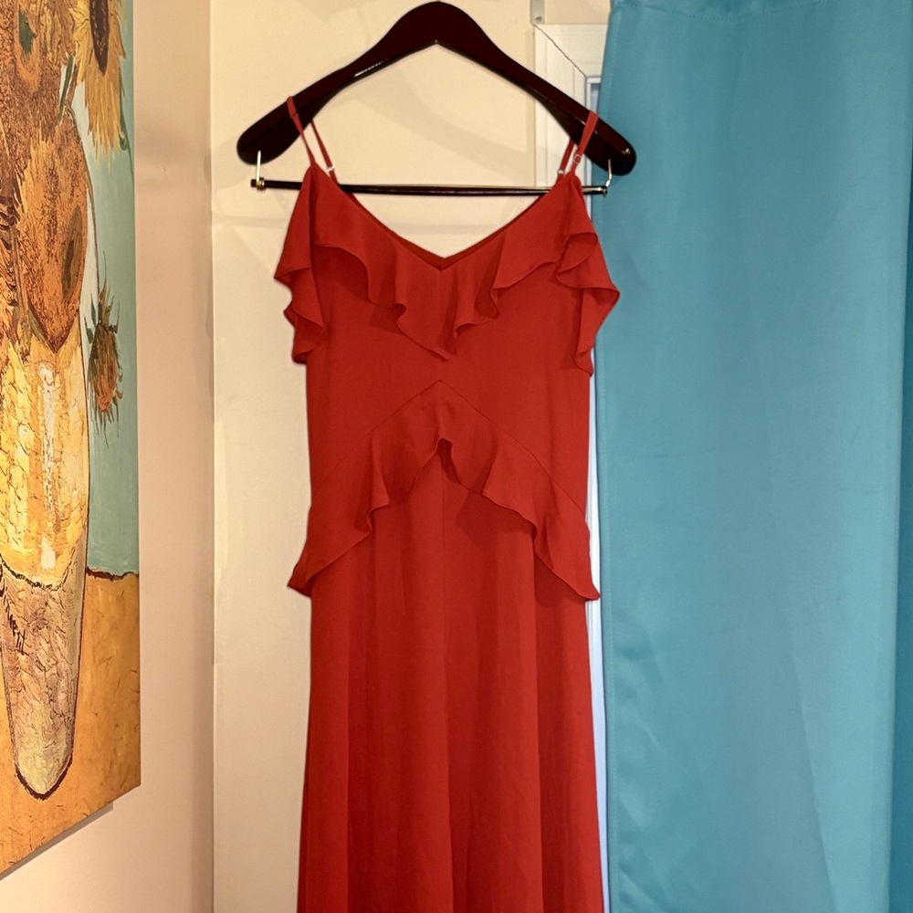 BCBGMaxAzria Off the Shoulder Coral/Red Dress with Ruffles New with Tags
